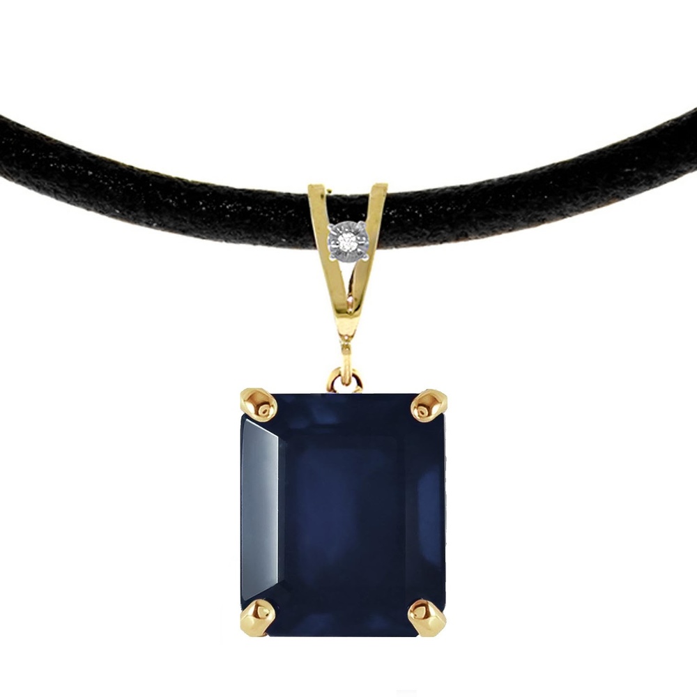 14K. GOLD & LEATHER NECKLACE WITH DIAMOND & SAPPHIRE (Yellow Gold)